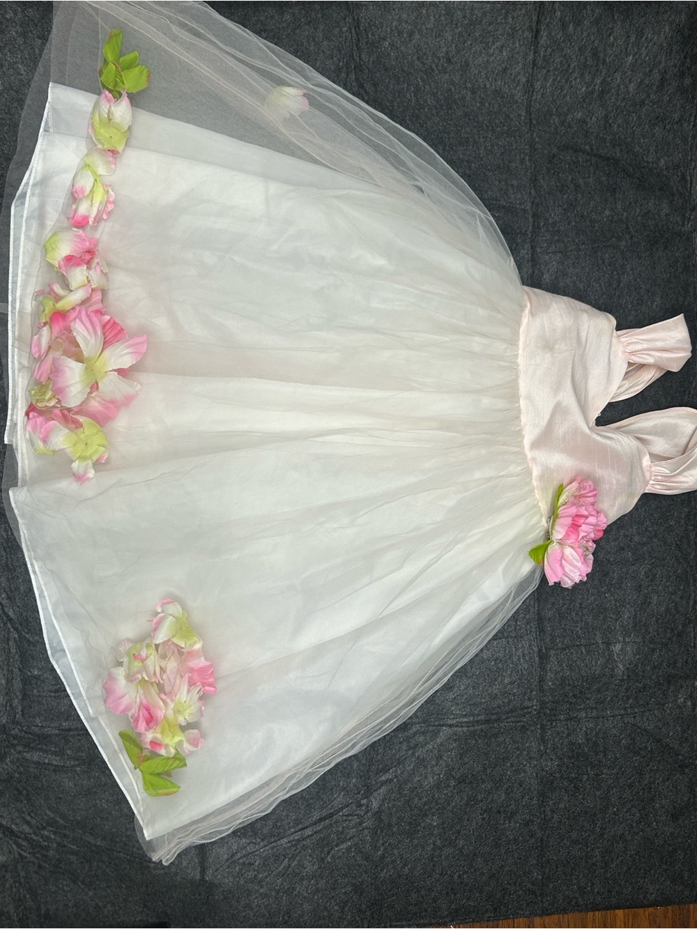 White and Light Pink Floral Tulle Girls Formal Dress